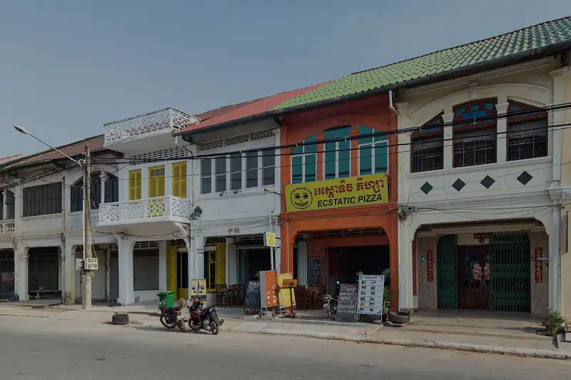 Shophouses along a street in Kampot's old town